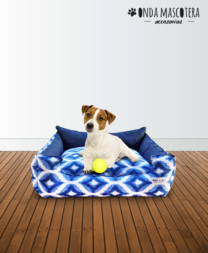Cucha para mascotas reforzada estampado en color azul reversible