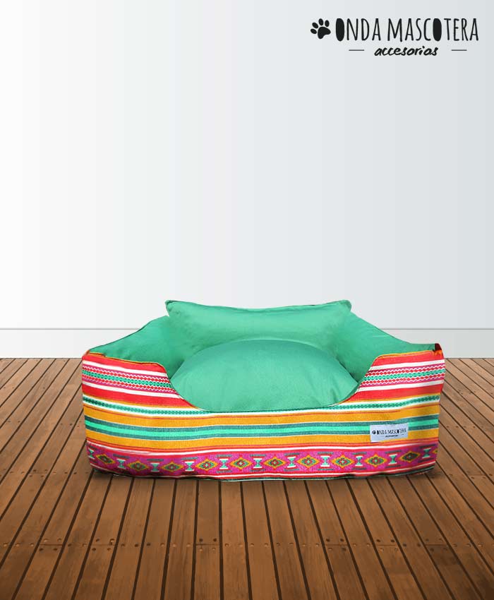  Cama sillon reversible mejicana coya tradicional con estampado y combinado con verde mascotas