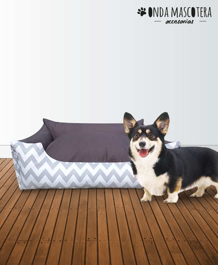 Cama sillon reversible chevron gris colores chihuahua almohadon para perros y gatos Onda Mascotera 